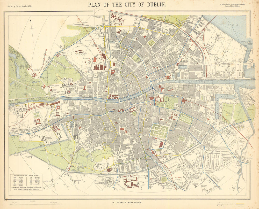DUBLIN antique town city map plan. Railways tram routes stations. LETTS 1892