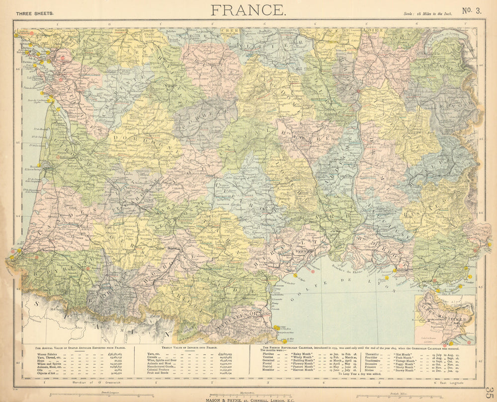 FRANCE SOUTH. Lighthouses. French Republican Calendar 1793-1805. LETTS 1892 map