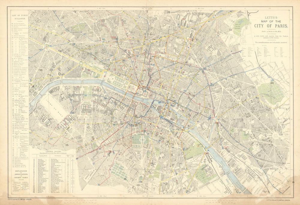 PARIS antique town city map plan. Omnibus routes. LARGE. LETTS 1892 old