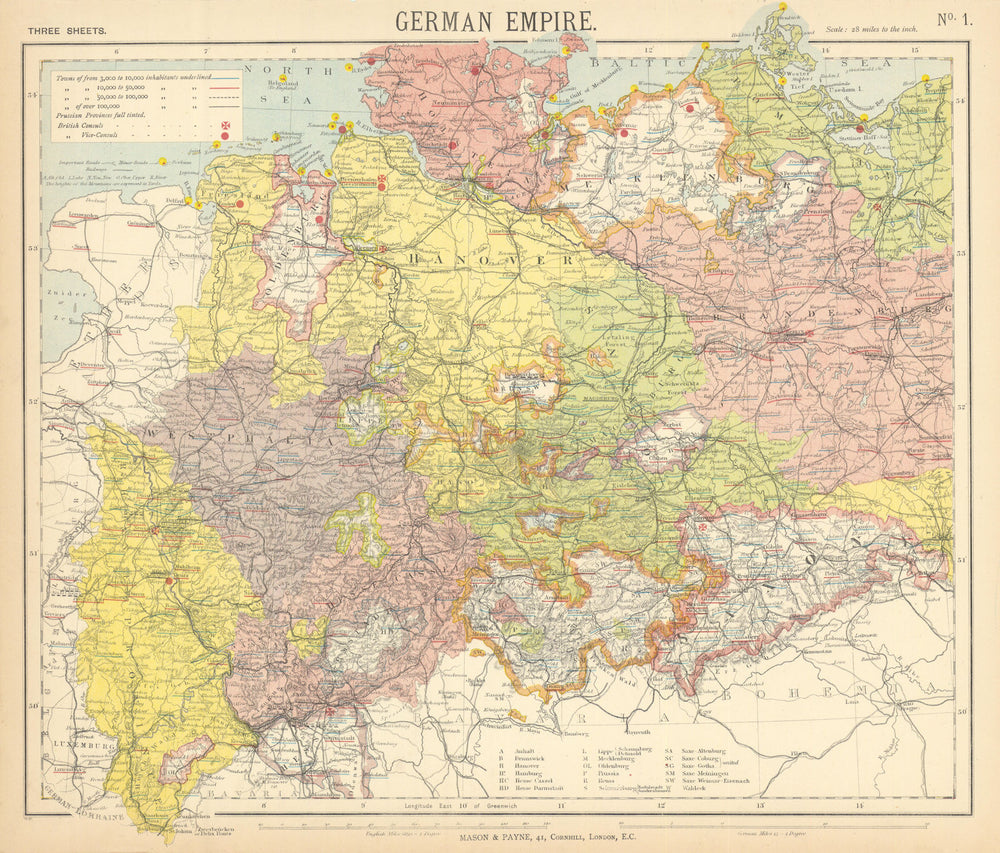GERMAN EMPIRE. Prussian Provinces. Lighthouses. British consuls. LETTS 1892 map