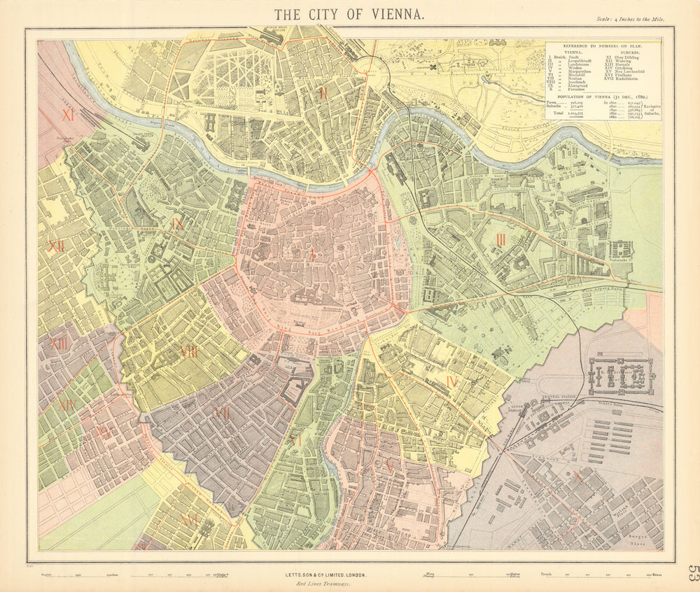 VIENNA WIEN antique town city map plan. Tramways in red. LETTS 1892 old