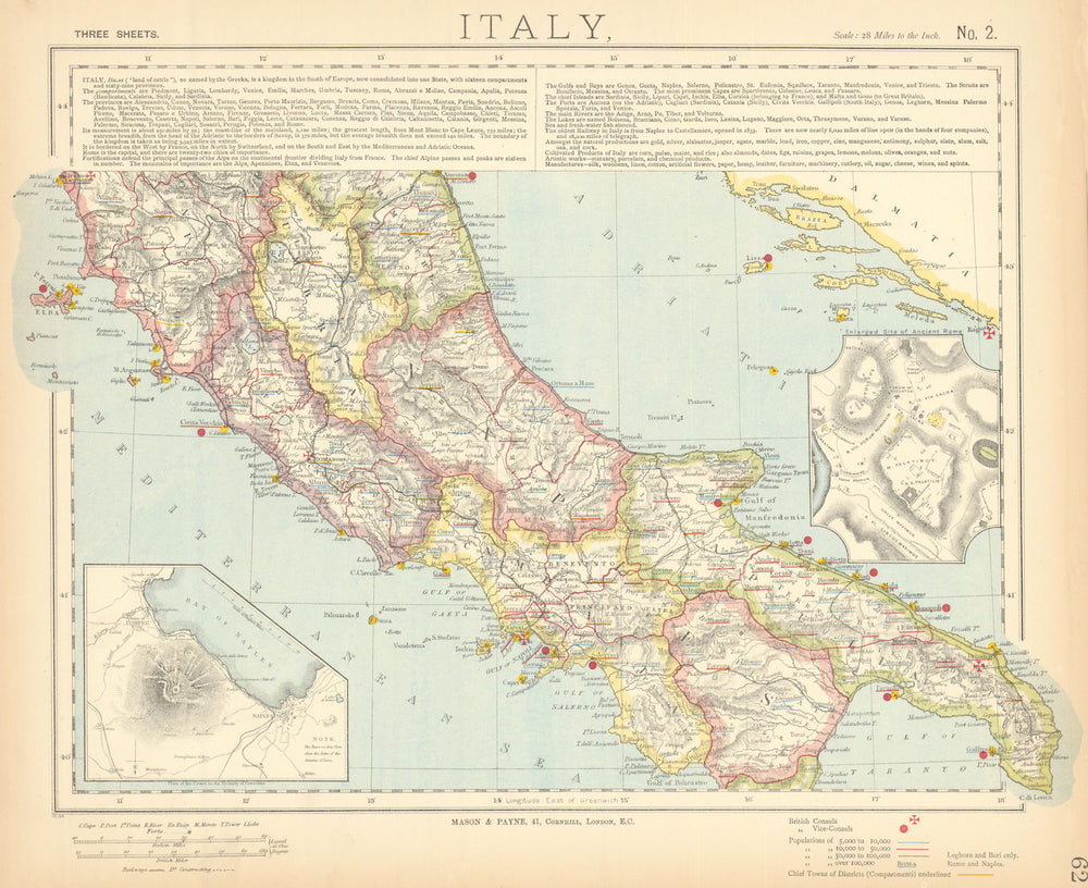 CENTRAL ITALY. Campania Umbria. British consulates Lighthouses. LETTS 1892 map