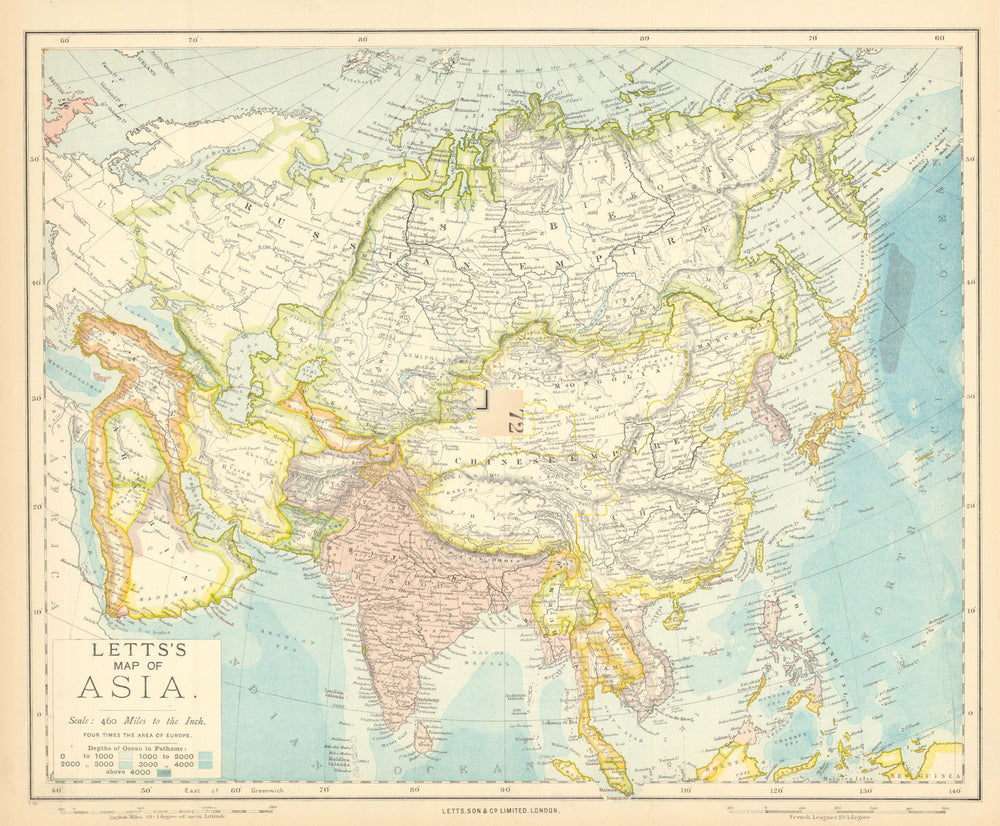ASIA. British India Hedjaz China Arabia Persia Siam Beloochistan. LETTS 1892 map