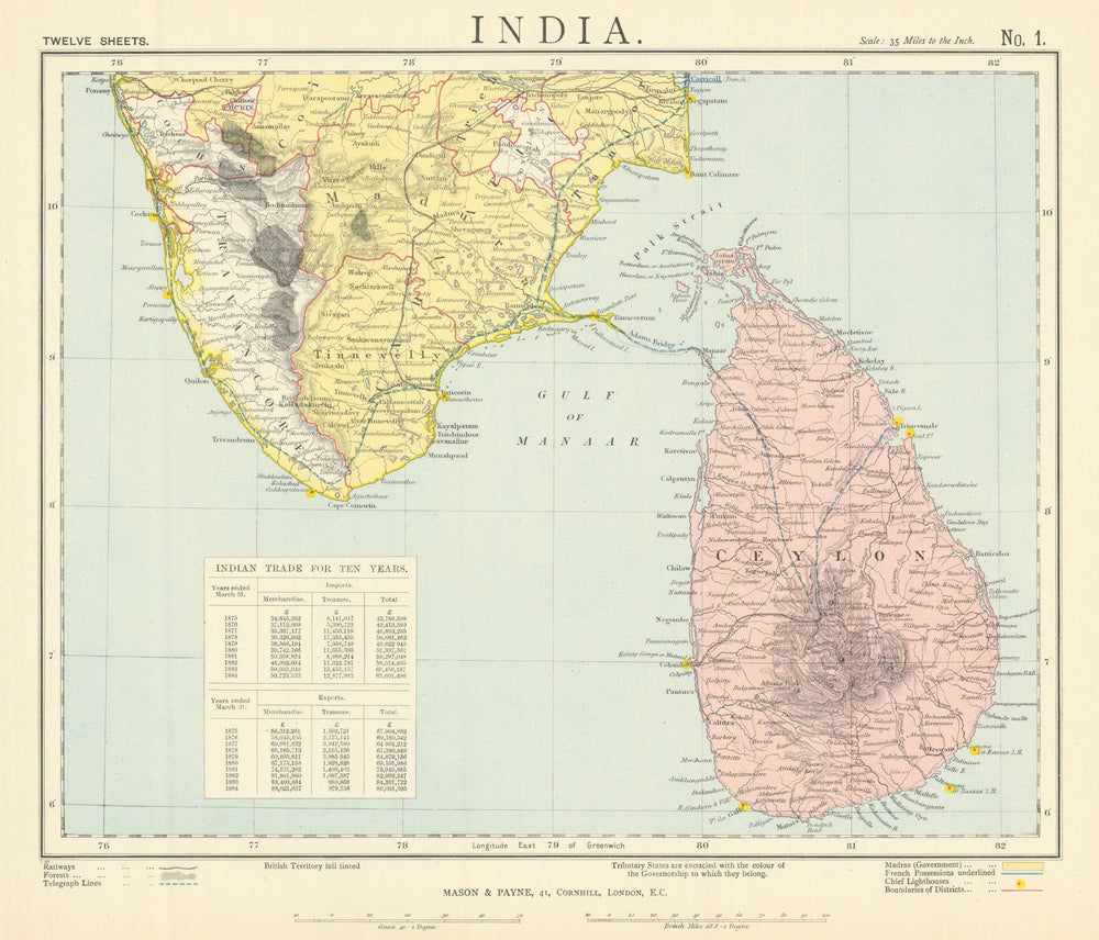 SOUTH BRITISH INDIA & CEYLON SRI LANKA Cochin Kerala Lighthouses. LETTS 1892 map