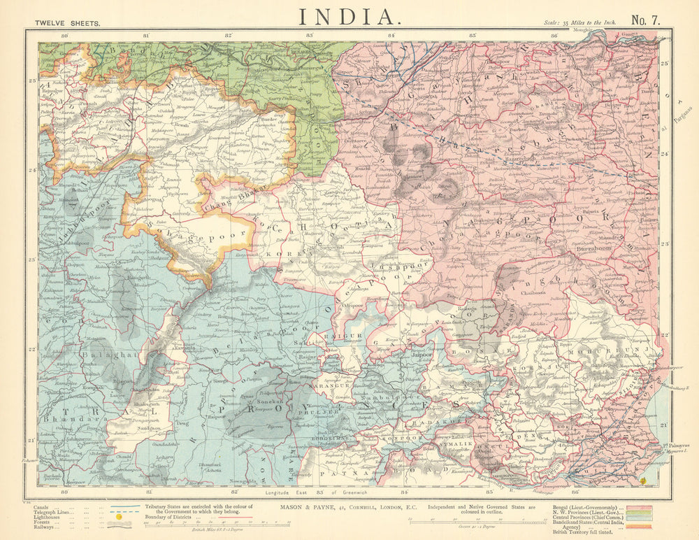CENTRAL BRITISH INDIA Bengal Central Provinces Bandelkand. Railways 1892 map