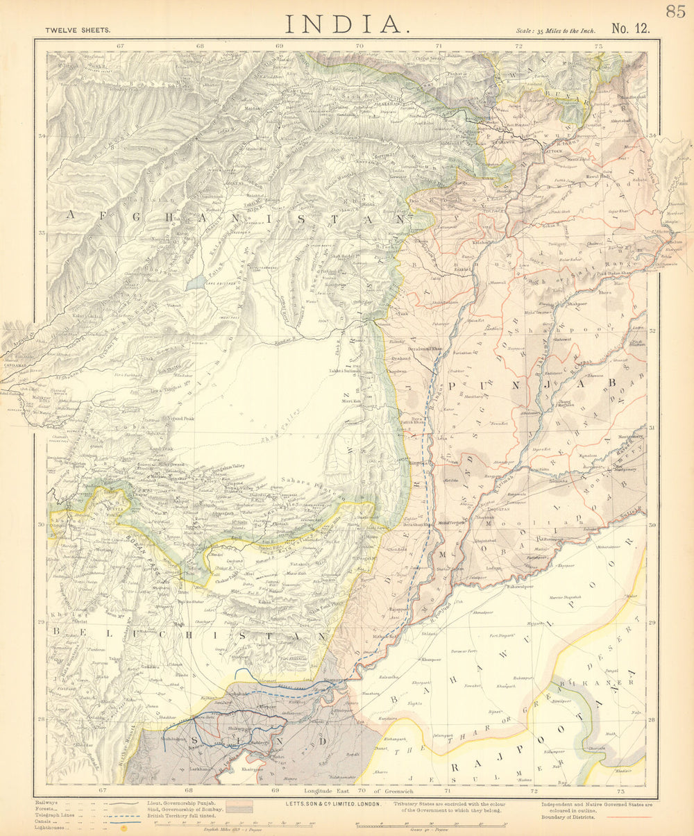 PAKISTAN & AFGHANISTAN. Punjab Beluchistan Sinde. British India. LETTS 1892 map