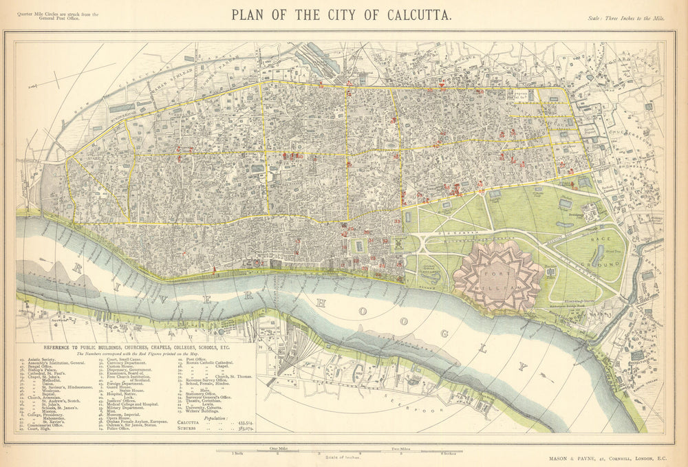 CALCUTTA KOLKATA antique town city map plan. Public buildings. LETTS 1892