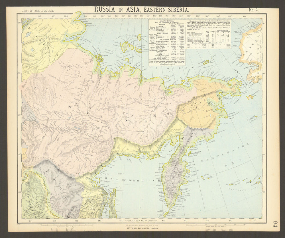 RUSSIA FAR EAST. Eastern Siberia Kamtchatka Iakoutsk Tchouktchis. LETTS 1892 map