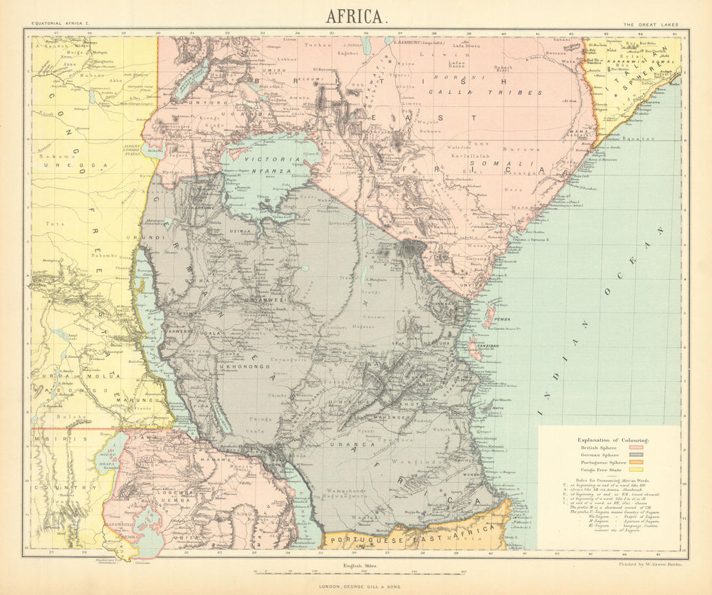 EAST AFRICAN GREAT LAKES. German/Portuguese Tanzania Zanzibar. LETTS 1892 map