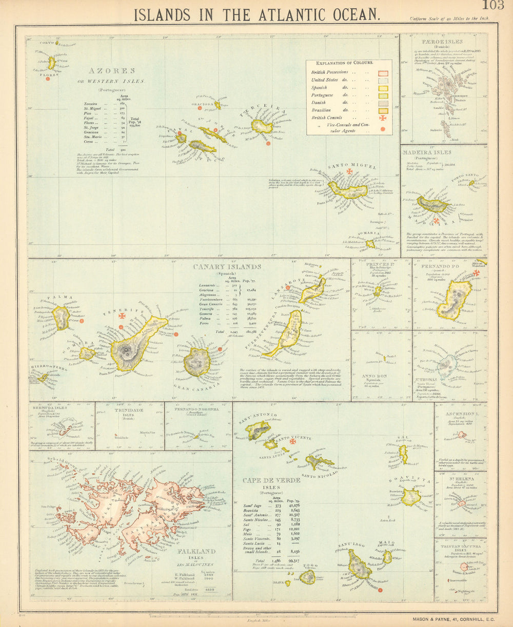 ATLANTIC ISLANDS. Azores Madeira Canary Cape Verde Falklands. LETTS 1892 map