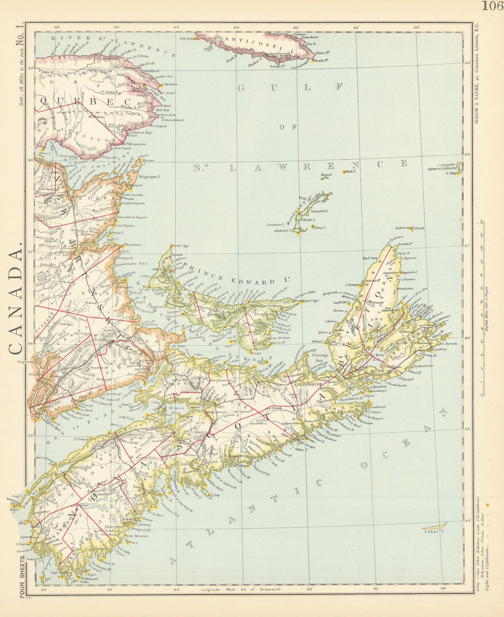 NOVA SCOTIA New Brunswick Prince Edward's Island. Lighthouses. LETTS 1892 map