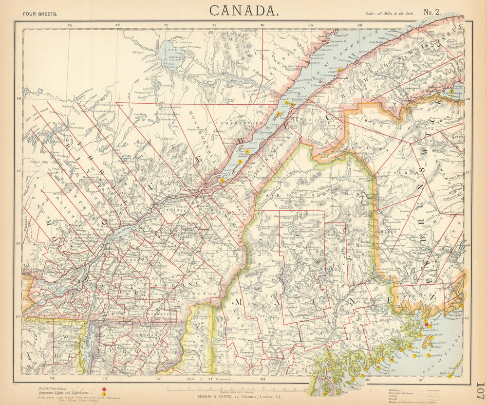 QUEBEC Québec. St Lawrence lighthouses. Maine.New Brunswick.LETTS 1892 old map