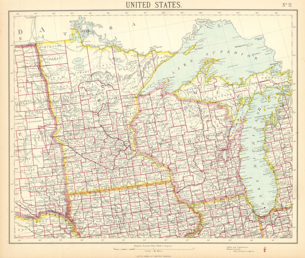 US MIDWEST Lake Michigan Superior Wisconsin Minnesota. Railroads. LETTS 1892 map