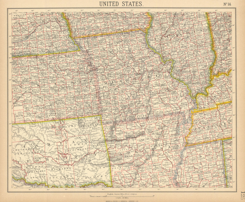 MISSOURI IL AR. INDIAN TERRITORY native American tribal reserves. LETTS 1892 map