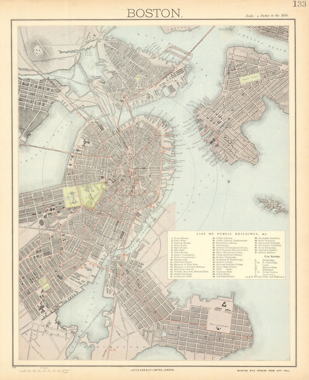 BOSTON antique town city map plan. Charlestown. LETTS 1892 old
