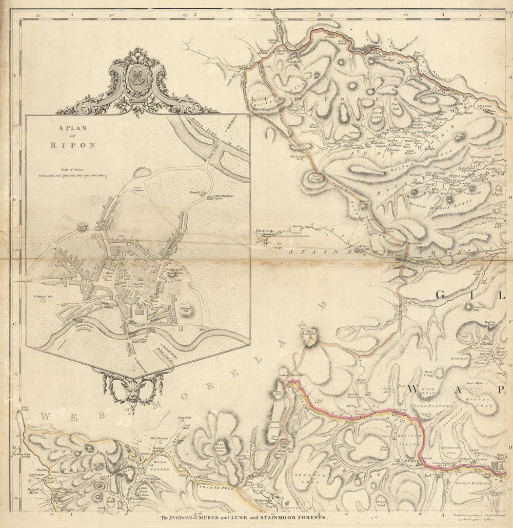 Ripon town plan & Yorkshire Dales. Lune & Stainmoor Forests. T Jefferys 1772 map