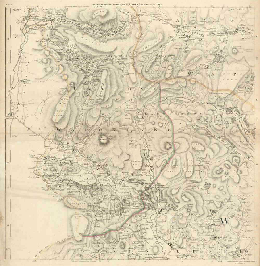 Yorkshire Dales. Sedbergh, Dent, Hawes, Askrigg & Settle. T. Jefferys 1772 map