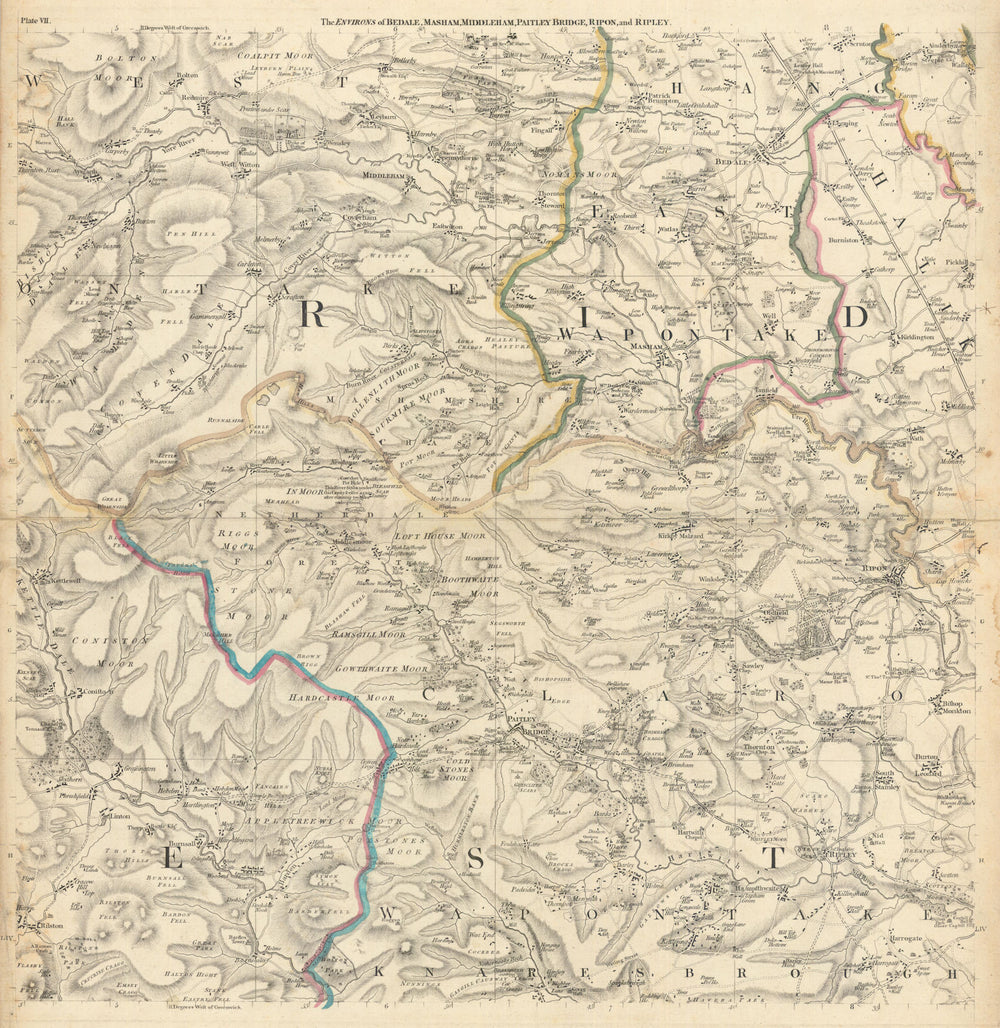 Yorkshire Dales. Masham, Middleham, Ripon & Harrogate. Thomas Jefferys 1772 map