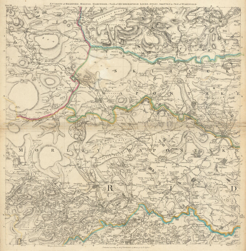 West Yorkshire. Bradford, Halifax, Huddersfield & Leeds. T. Jefferys 1772 map