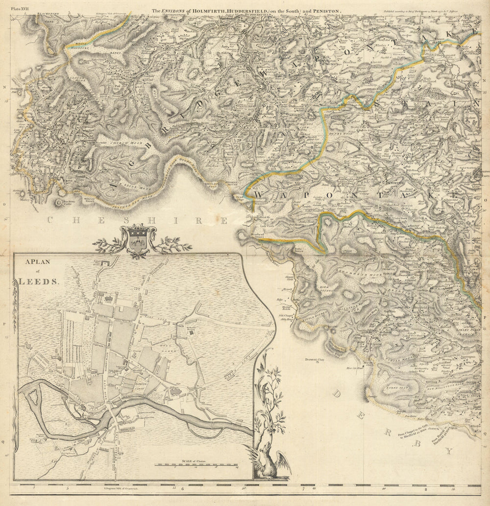 Leeds city plan & South Yorkshire. Holmfirth & Huddersfield. T Jefferys 1772 map