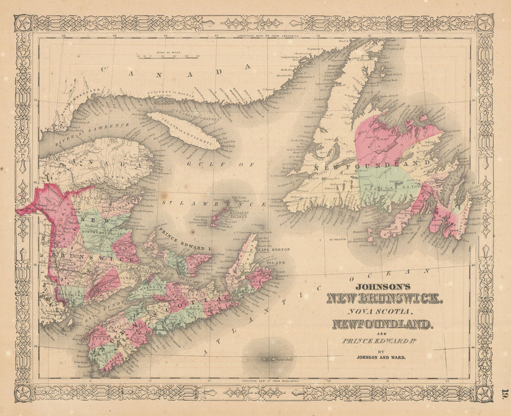 Johnson's New Brunswick, Nova Scotia, Newfoundland & Prince Edward Id. 1865 map