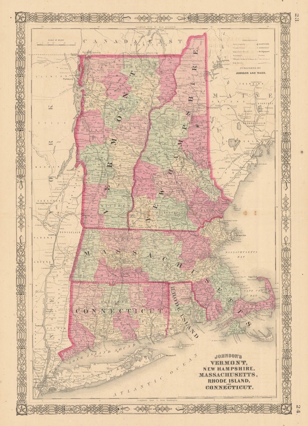 Johnson's Vermont New Hampshire Massachusetts Rhode Island Connecticut 1865 map