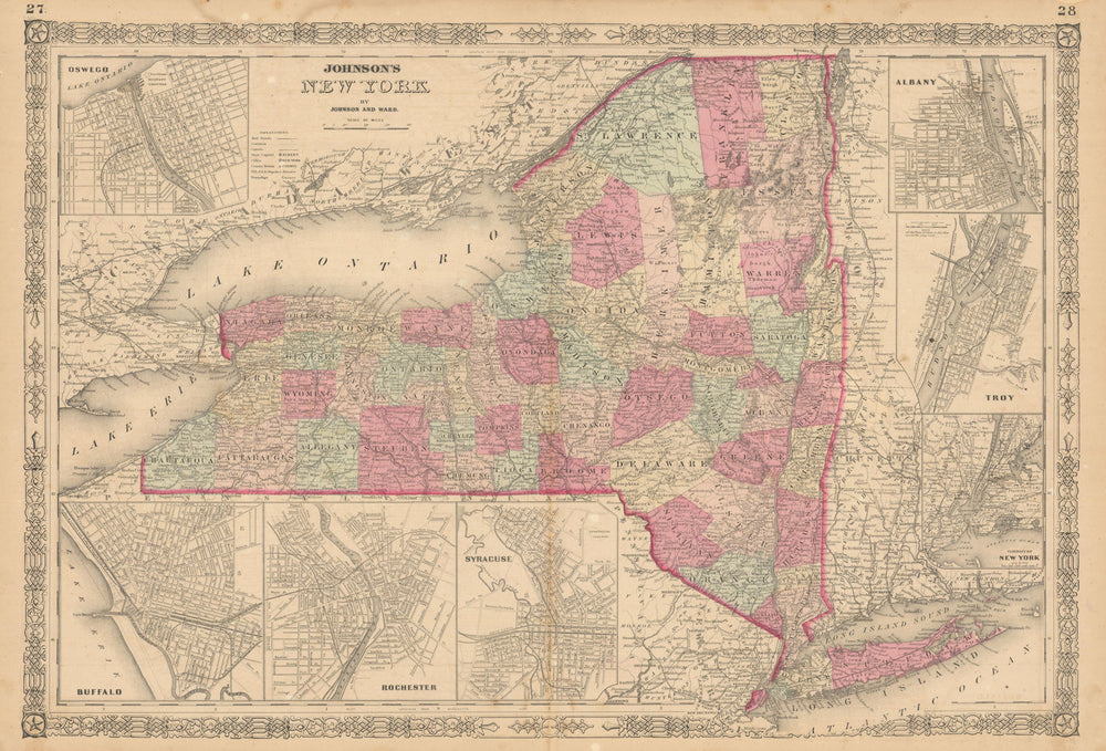 Johnson's New York state map. Albany Troy Rochester Buffalo Syracuse 1865