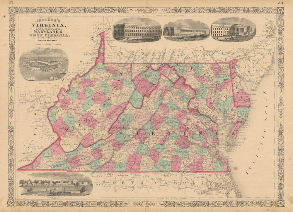 Johnson's Virginia, Delaware, Maryland & West Virginia. Counties 1865 old map