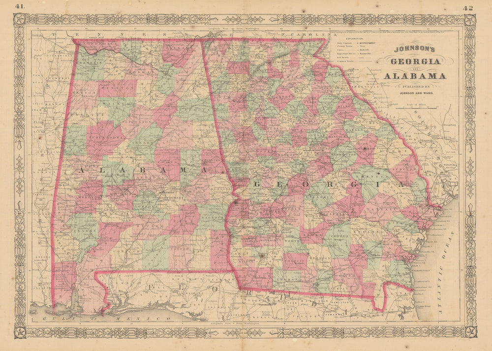 Johnson's Georgia & Alabama. US state map showing counties 1865 old