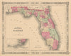 Johnson's Florida. Florida Keys. US state map showing counties 1865 old