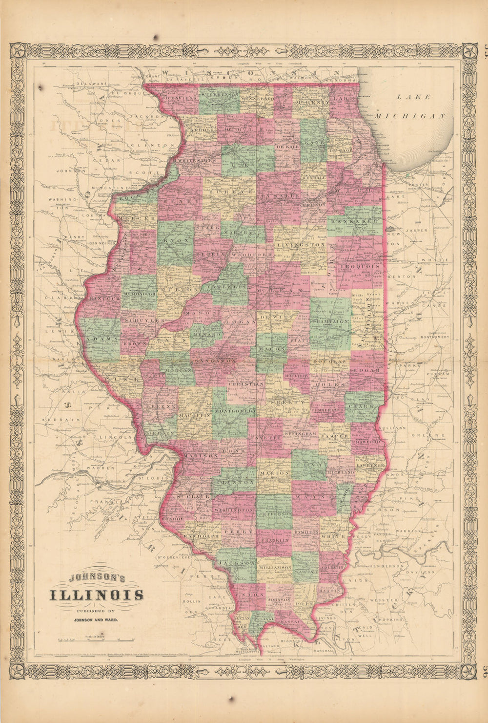 Johnson's Illinois. US state map showing counties 1865 old antique chart