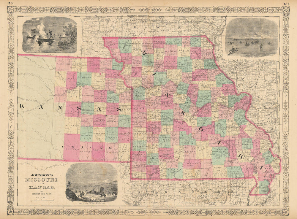 Johnson's Missouri & Kansas. US state map showing counties 1865 old