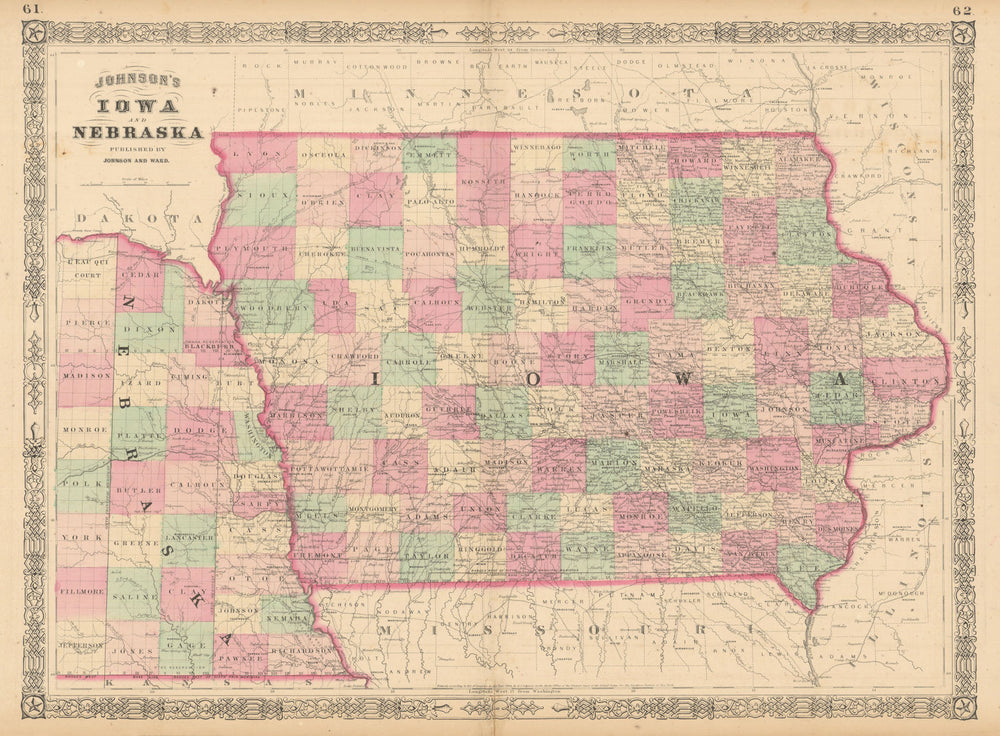 Johnson's Iowa & Nebraska. US state map showing counties 1865 old antique