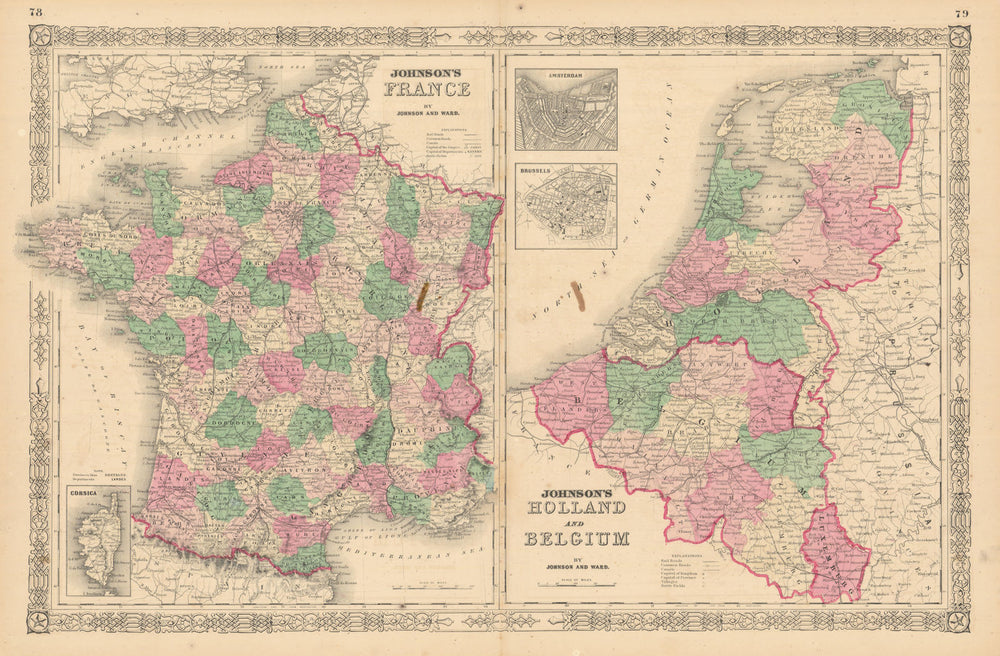 Johnson's France, Holland & Belgium. 2 maps on one sheet. Benelux 1865 old