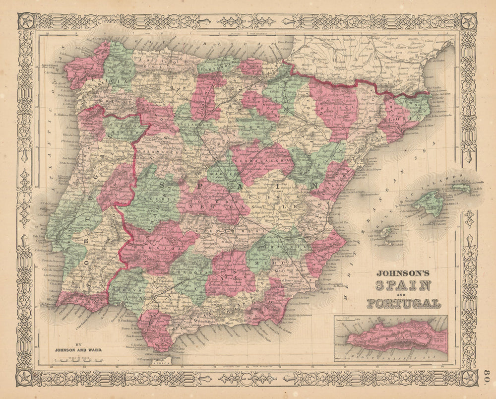 Johnson's Spain and Portugal. Iberia. Gibraltar 1865 old antique map chart