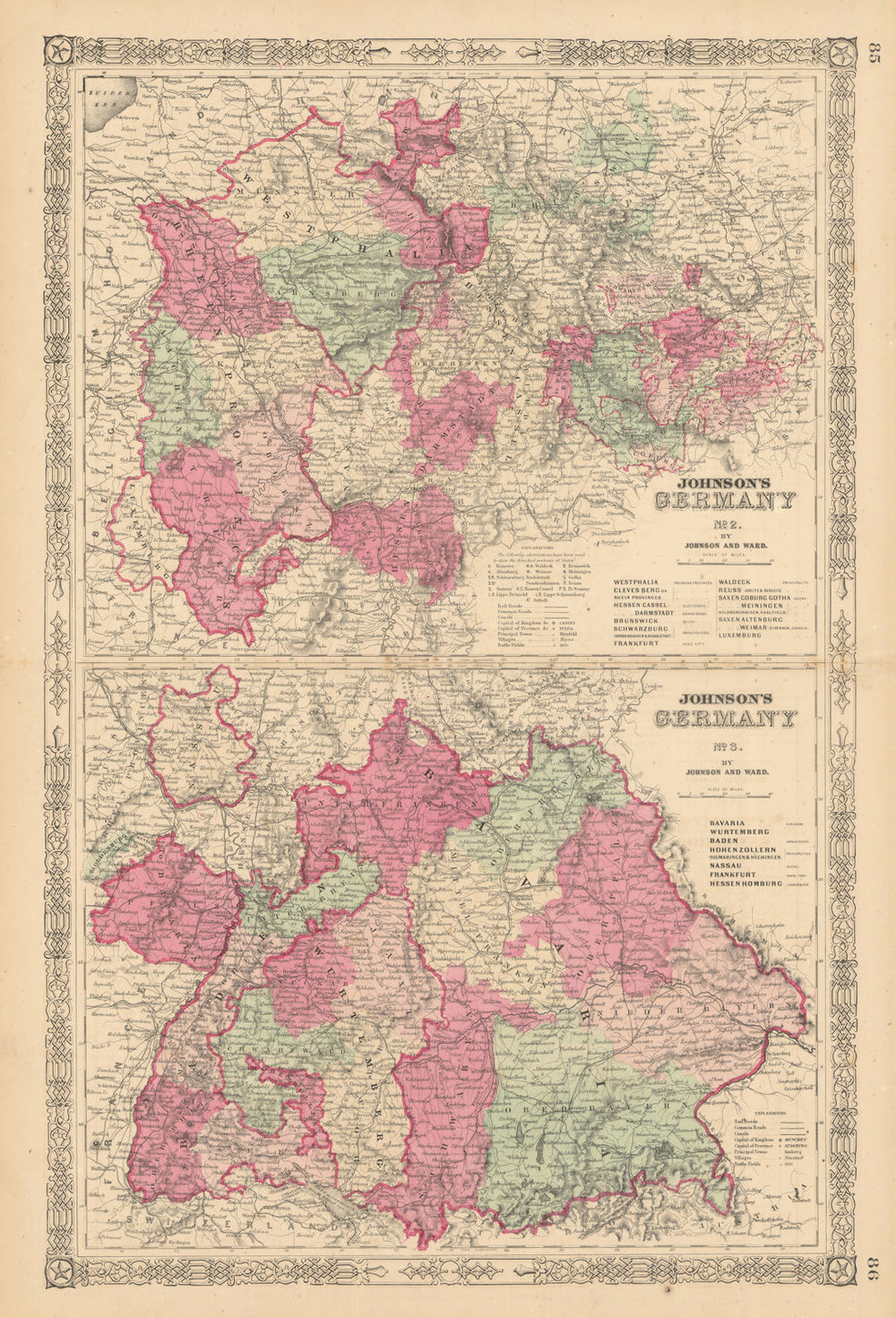 Johnson's Germany No. 2 & No. 3. South & Western Germany 1865 old antique map
