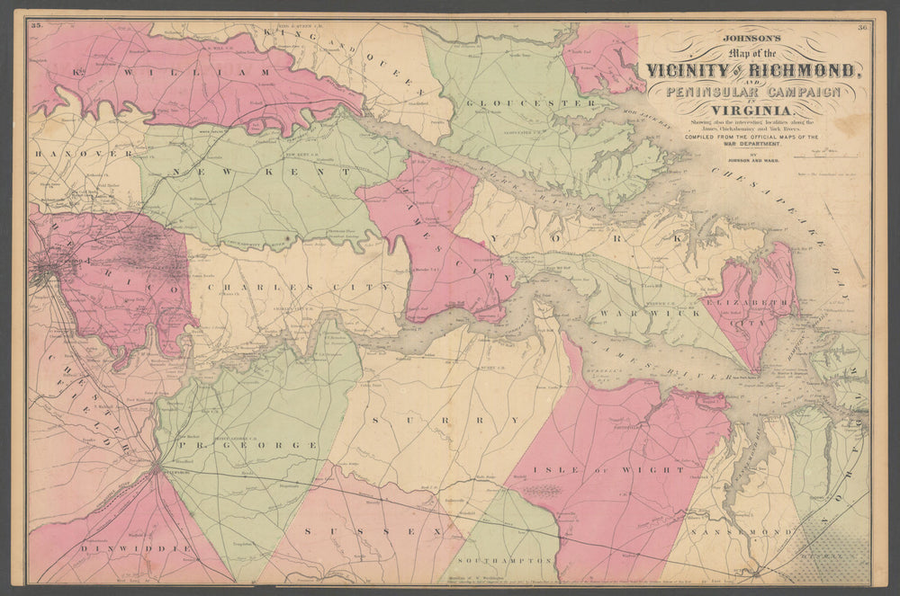 Vicinity of Richmond & Peninsular Campaign in Virginia. JOHNSON 1865 old map
