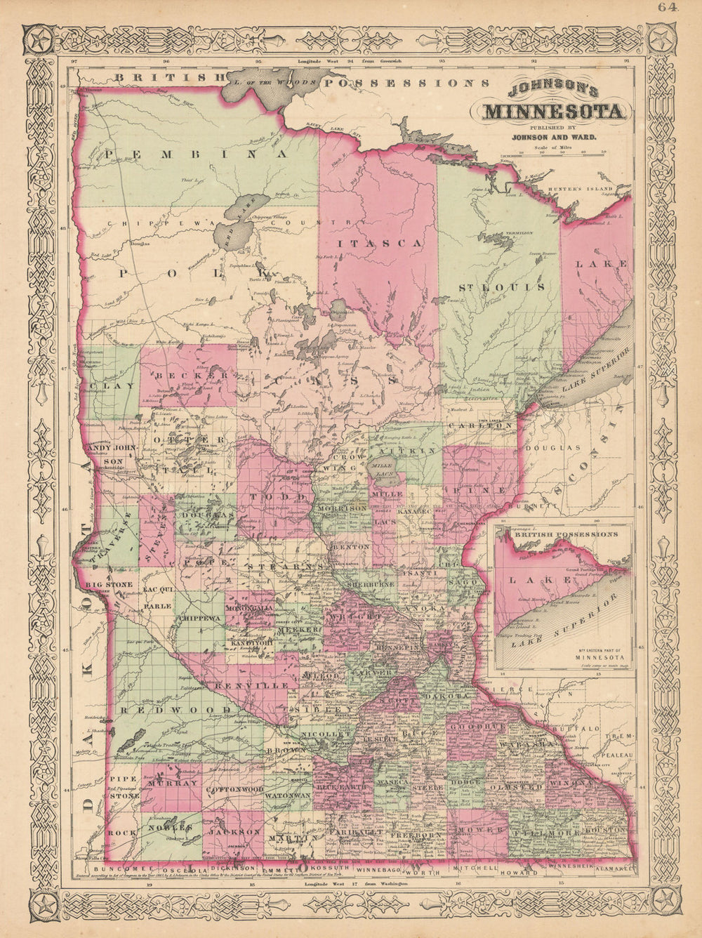 Johnson's Minnesota. US state map showing counties. Johnson & Ward 1865