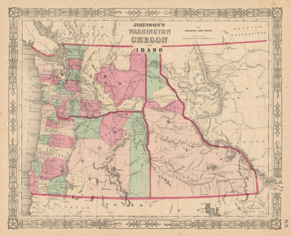 Johnson's Washington, Oregon & Idaho. US state map showing counties 1865