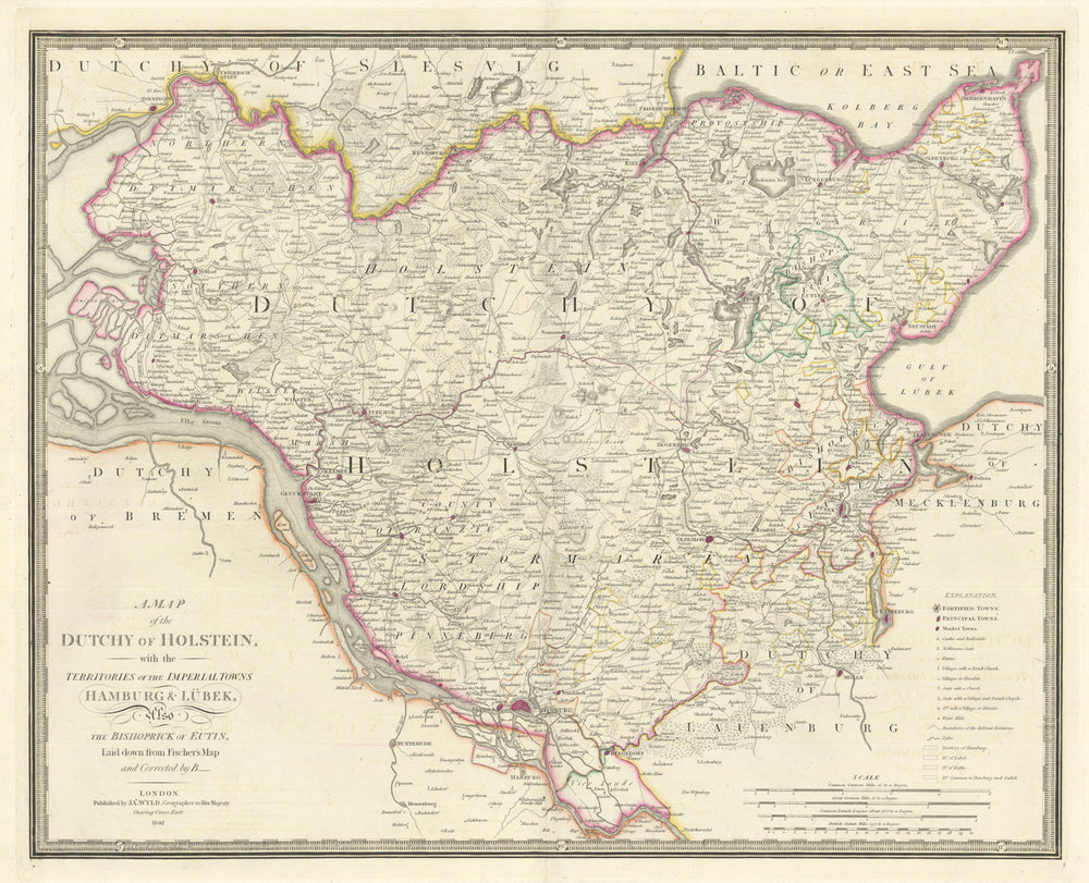 A Map of the Dutchy of Holstein with… Hamburg & Lübek… by James Wyld 1842