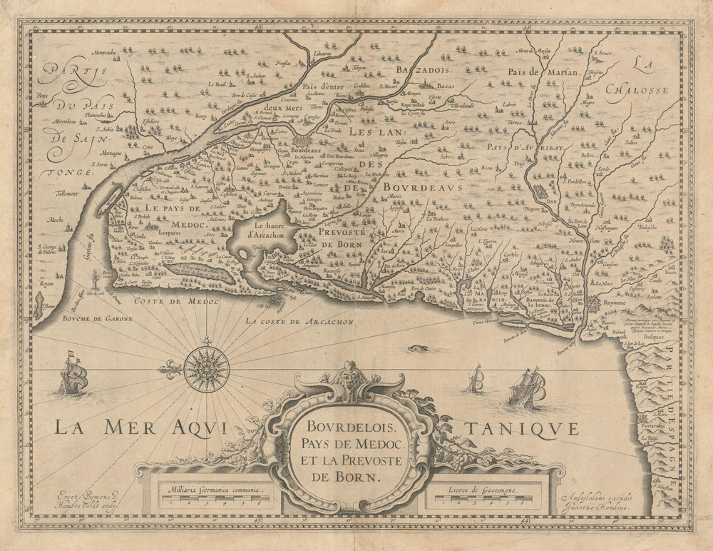 Bourdelois, Pays de Médoc & Prevoste de Born. Gironde/Landes. Hondius c1631 map