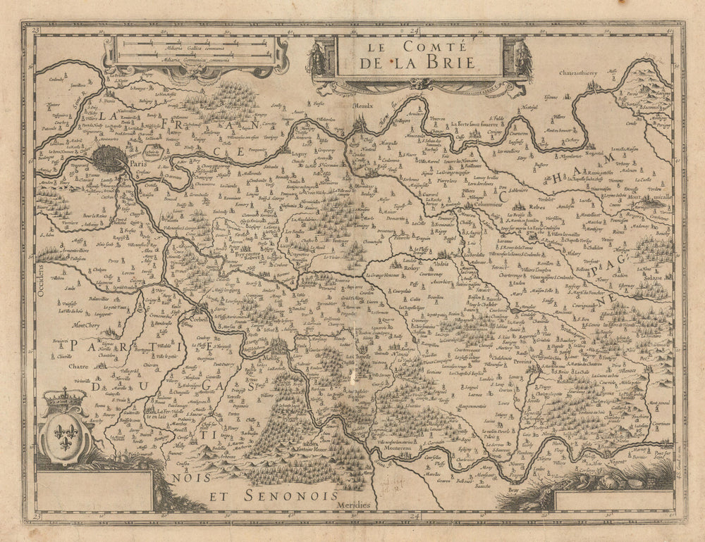 Le Comté de la Brie. County of Brie. Seine-et-Marne/Paris. Janssonius c1631 map
