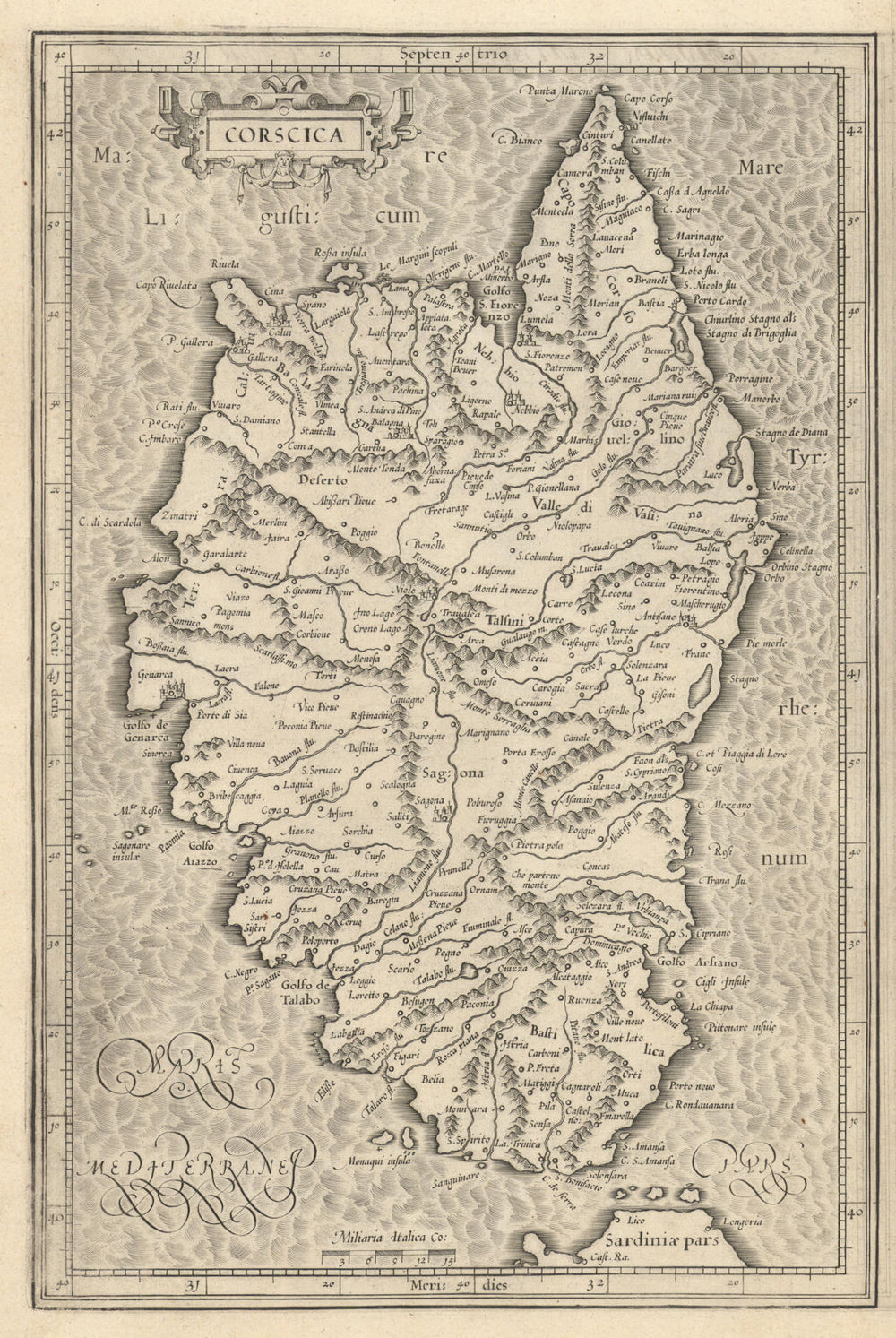 Corscica. The island of Corsica by Hondius / Mercator c1619 old antique map