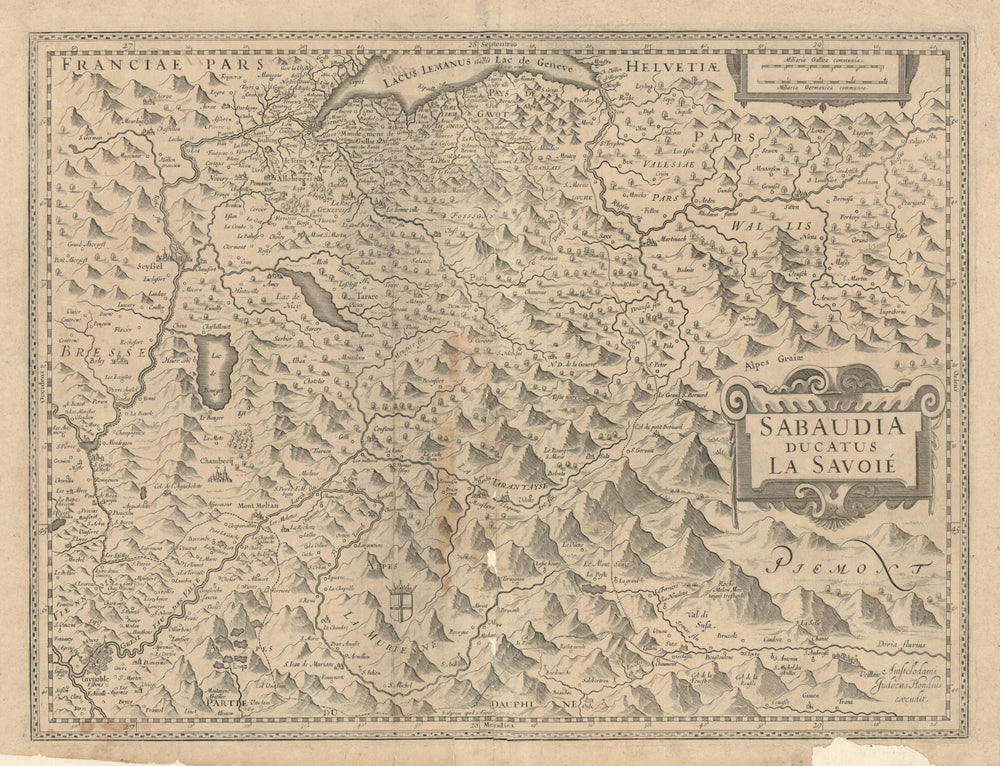 Sabaudia Ducatus La Savoié. Haute-Savoie Isère Valais Susa. Hondius c1631 map