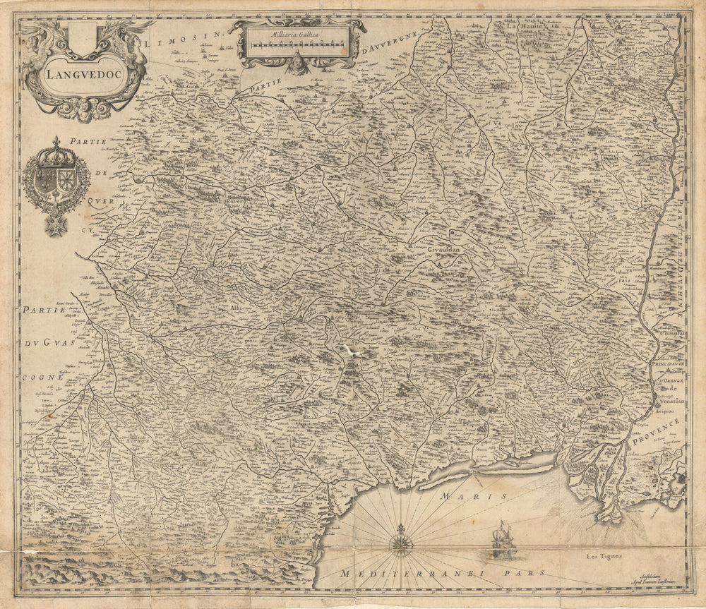 Languedoc. Occitanie region by Johannes Janssonius c1641 old antique map chart