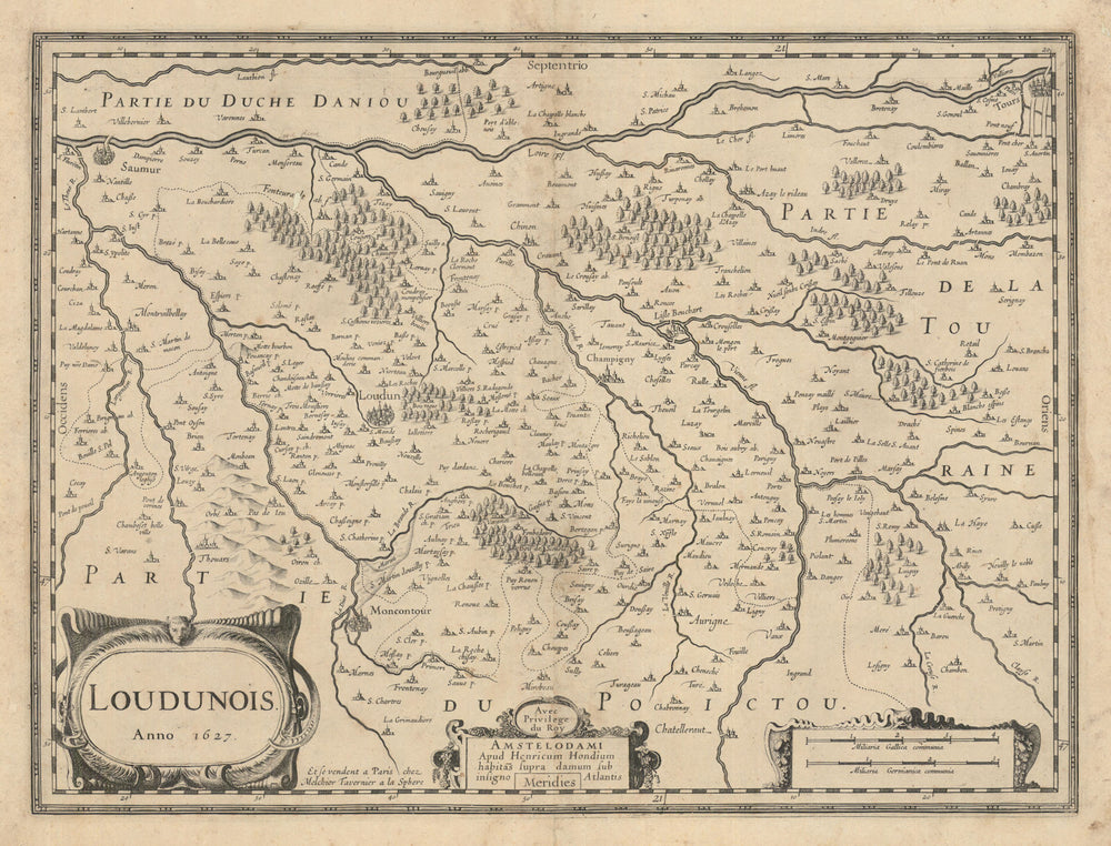 Loudunois. Loudon. Vienne, Indre-et-Loire & Maine-et-Loire. Hondius 1627 map