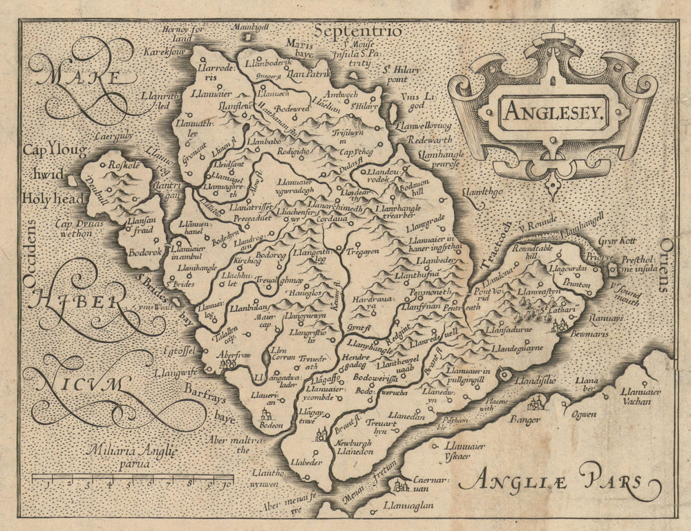 Anglesey. The island of Ynys Môn, Wales by Gerard Mercator / Hondius c1630 map