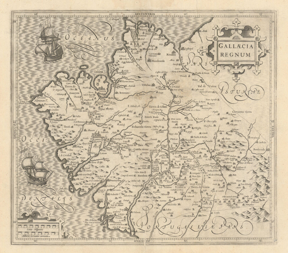 Gallaecia Regnum. The Kingdom of Galicia, Spain by Blaeu c1635 old antique map