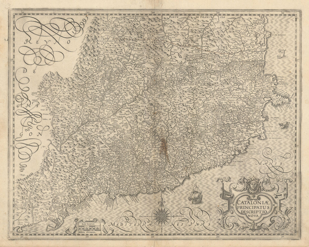 Cataloniae Principatus Descriptio Nova. Catalonia, Spain by Hondius c1606 map