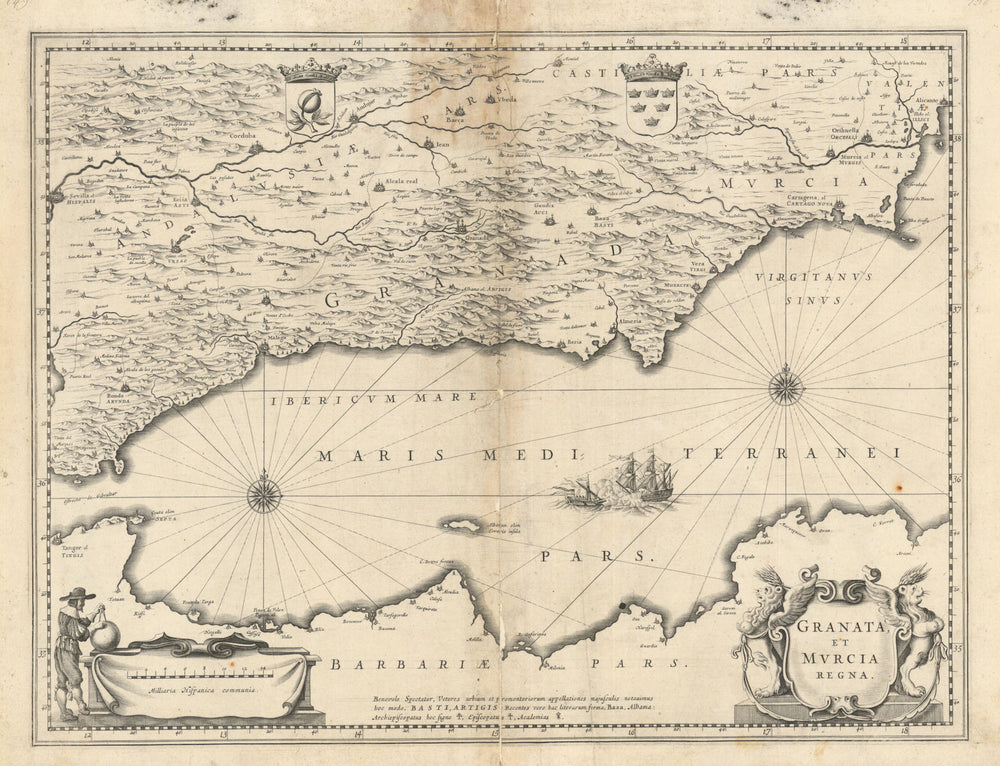 Granata et Murcia Regna. Granada and Murcia, Spain by Blaeu c1645 old map